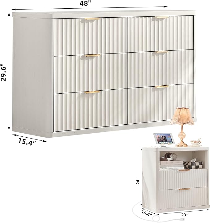 LEYAOYAO 48" Wide Fluted Dresser and 2 Drawers 23" Nightstand Set of 2, Wooden Dresser & Night Stand with Charging Station, 3 Piece Bedroom Furniture Set, Chest of Drawer for Living Room,Antique White