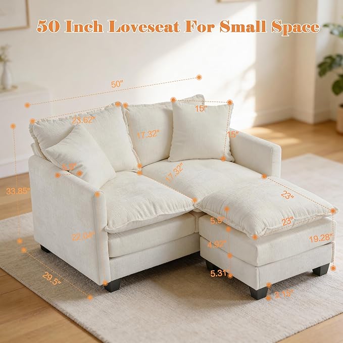 Loveseat Sofa with Ottoman, 50'' Modern L-Shape Cloud Couch Sofa Loveseat with 22'' Ottoman for Small Space/Apartment/Office/Living Room 8834-BEIGE-L