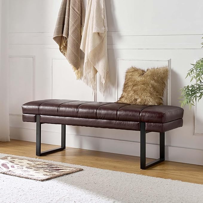 HULALA HOME 53" Faux Leather Entryway Bench, Button Tufted End of Bed Bench Ottoman for Bedroom, Living Room with Metal Base,Brown
