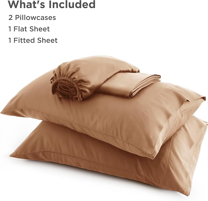 Bedsure Queen Sheet Set, Rayon Derived from Bamboo, Cooling Sheets, Breathable & Soft, Deep Pocket Up to 16 Inches, Hotel Luxury Silky Bedding for Hot Sleepers, Khaki