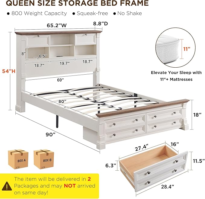 T4TREAM Farmhouse Queen Size Bed Frame with 54" Tall Headboard, Wood Platform Bed Frame with 18" Tall Roman Column Decoration Footboard & 2 Large Storage Drawers, No Box Spring Needed(Antique White)