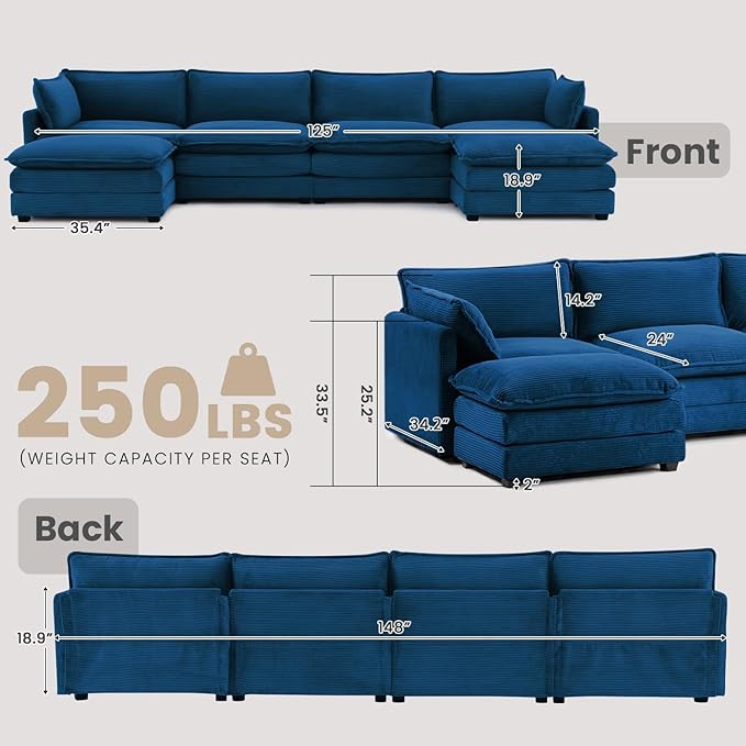 148'' Sectional Modular Cloud Couch, Oversized U Shaped 4 Seat Sofa with 2 Movable Ottomans, 2 Throw Pillows, Upholstered Corduroy U Shape Comfy Deep Couches for Living Room and Office, Blue
