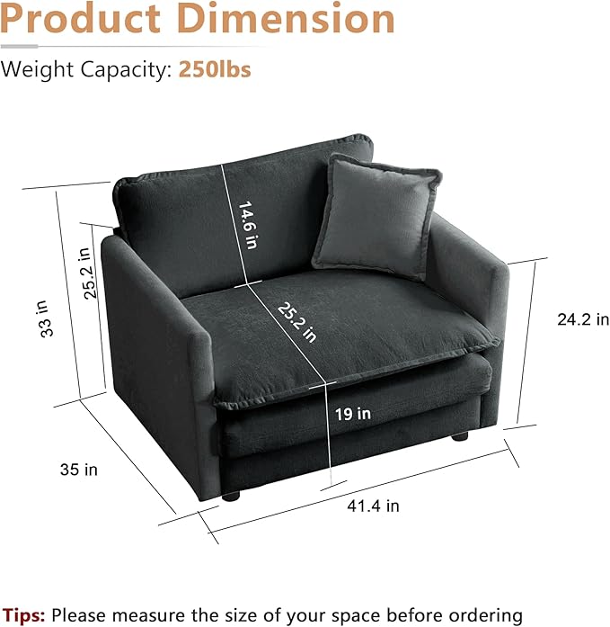 mikibama 41.4" W Single Seat Sofa, Chenille Comfy Deep Upholstered Couch Armchair with Toss Pillow for Living Room Bedroom Office Apartment, Grey