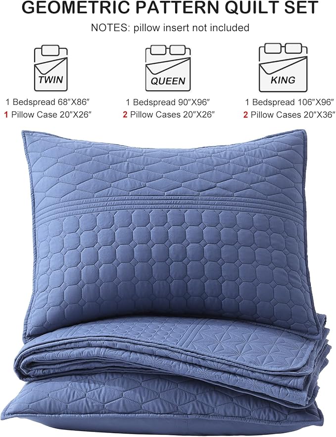 HORIMOTE HOME Denim Blue King Size Quilt Set - Soft Microfiber Bedspread with 2 Shams, Lightweight & All-Season Geometric Coverlet for Cozy Bedding
