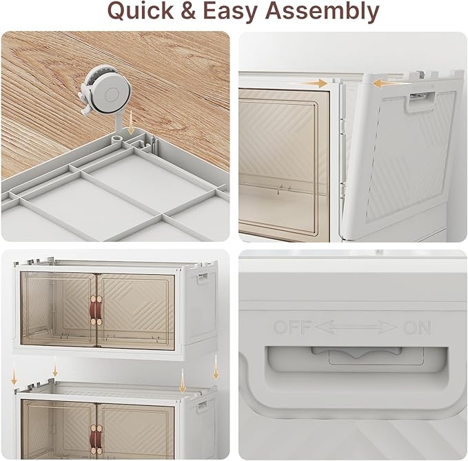 960Qt Stackable Storage Bins with Lids, 8 Pack Large Collapsible Bins with Wheels, Plastic Cabinet with Doors, Foldable Closet Organizers and Storage for Home, Dorm, Office, White