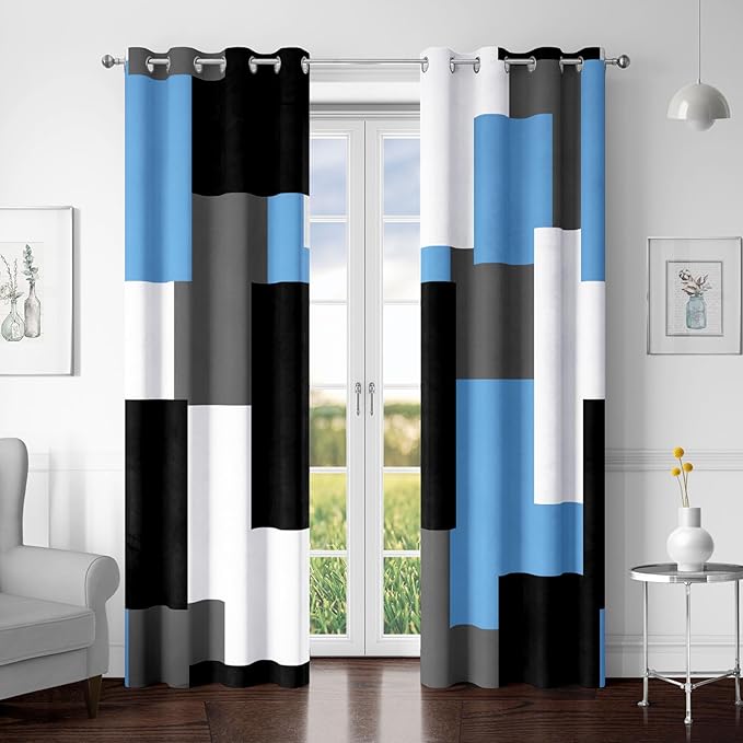 Light Blue 100% Blackout Curtains for Bedroom 72 inch Length 2 Panels Set Grey Modern Abstract Geometric Black Out Curtains Insulated Room Darkening Window Drapes for Living Room, 52Wx72L
