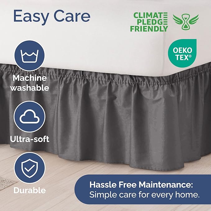 Wrap Around Dust Ruffle Bed Skirt - Dark Grey - for Queen Size Beds with 18 Inch Drop - Elastic Strap - Adjustable Pleated Bedskirt with Brushed Fabric and Wrinkle Free - for Women, Men, Kids & Teens