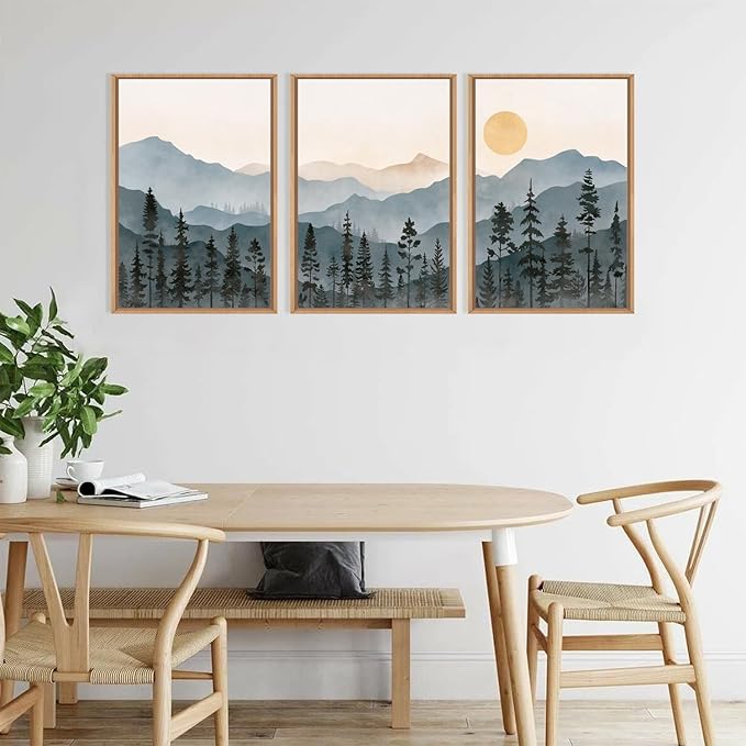 LHIUEM Boho Mountain Framed Canvas Wall Art Set,Forest Pine Tree Wall Decor, Sunrise Misty Wilderness Painting,Watercolor Nature Landscape Artwork for Living Room,Bedroom,Dining Room,Office -16"x24"x3