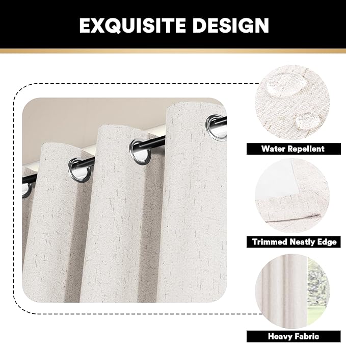 PrinceDeco Ivory 100% Blackout Curtains 54" Long Blackout Curtains for Bedroom Linen Texture Solid Thermal Insulated with White Liner Luxury Decor for Nursery 52x54 Inch (2 Panels)