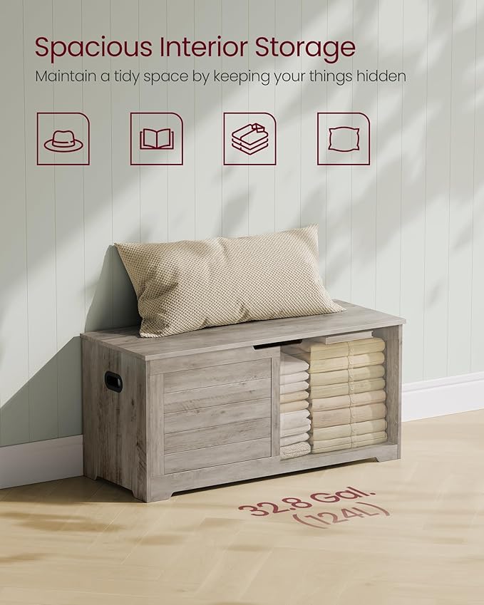 VASAGLE Storage Chest, Storage Bench with 2 Safety Hinges, Farmhouse Style, 15.7 x 39.4 x 18.1 Inches, for Entryway, Bedroom, Living Room, Heather Greige ULSB061K02