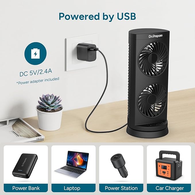 Dr. Prepare Tower Fan Oscillating Fan, Portable Desk Fan with 3-Speed Options, Dual Air Circulation, 110° Oscillation, 3 Timers, Personal Quiet Table Fan for Home Office Desktop Bedroom, 13 inch