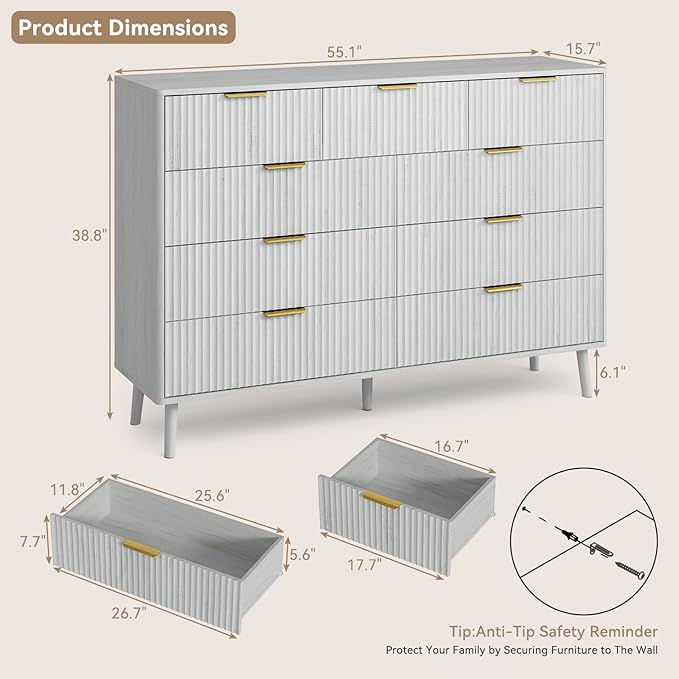 CARPETNAL Fluted 9 Drawer Dresser for Bedroom, 55" Wide Wooden Chest of Drawers with Rounded Corners, Gold Handles, Modern Storage Organizer for Bedroom, Hallway(White)