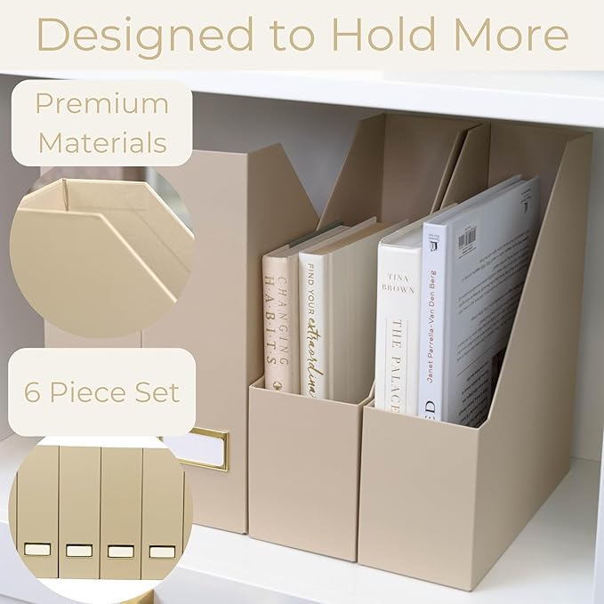 BLU MONACO | Set of 6 Foldable Taupe Magazine File Holders with Label Holders | Vertical File Organizer & File Storage Boxes for Desk, Shelves & Home Office
