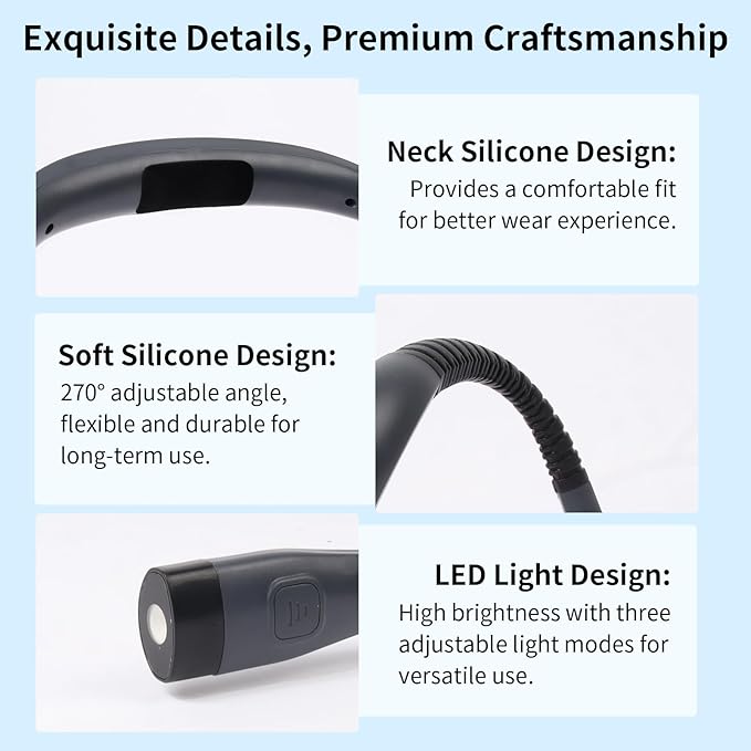 Book Light, 3-Color & 9-Brightness Reading Light, Bendable Neck Light, 80-hr Lasting Rechargeable Lamp, Perfect Book Light for Reading in Bed, Knitting, Camping (Grey, Classic)