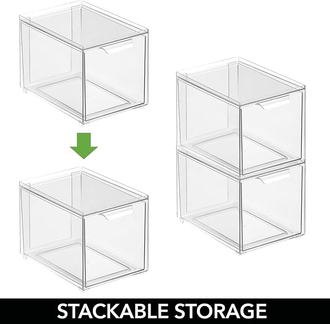 mDesign Shoe Storage Box with Drawer – Sturdy Plastic Storage Box for Shoes – Stackable Drawer Box for Shoes, Accessories and More – Pack of 4 – Clear