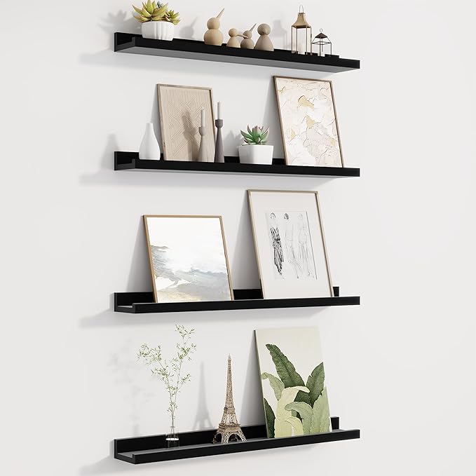 Fun Memories Picture Ledge Shelf for Wall, Floating Shelves Set of 4, 24 Inch Long Nursery Book Shelves for Toys Storage, Kids Bookshelf Wall Mounted for Books Photo Frames, Black
