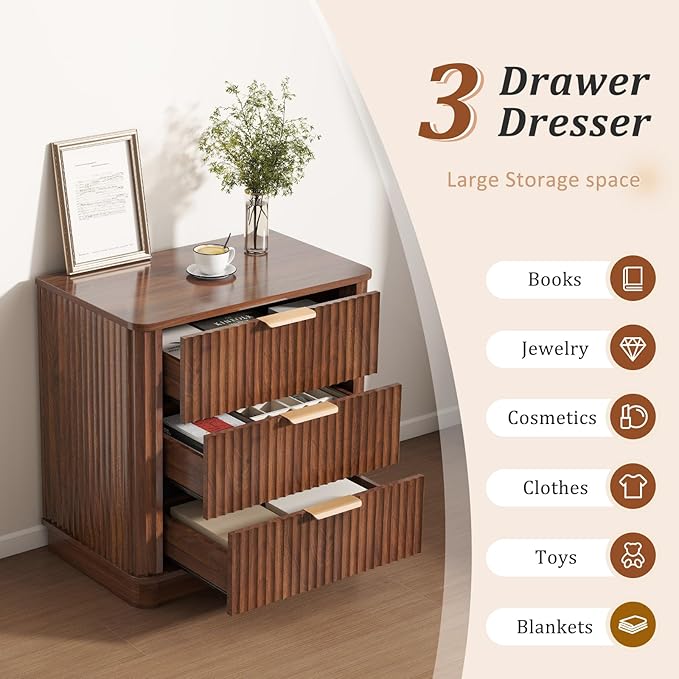 LYNCOHOME Fluted Night Stand Set of 2, Large 3 Drawer Nightand, Wood Bedside Table, Multifunctional Bed Side Table & End Table, Dresser for Bedroom, Living Room Closet, Walnut