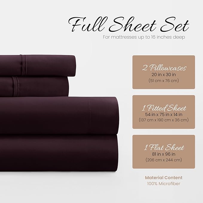 Linen Market Brushed Microfiber Full Sheet Set 4 Piece – Oeko-TEX Certified Ultra Soft & Wrinkle-Free - 16" Deep Pocket Sheets - Easy Care Full Size - Purple