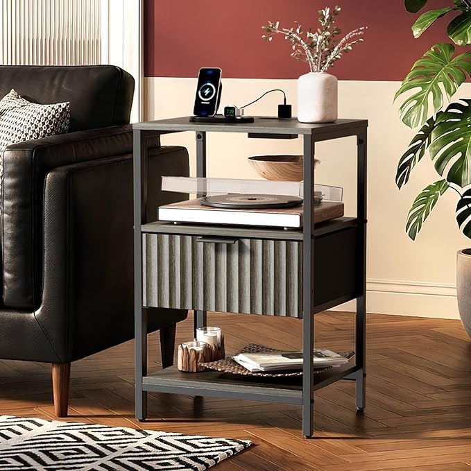 VINGLI Nightstands with Charging Station, Fluted Grey Night Stand Set of 2, Gray Nightstand with Fabric Drawer, Bed Side Tables/End Tables for Bedroom, 14.96" W*11.81" D*23.7" H