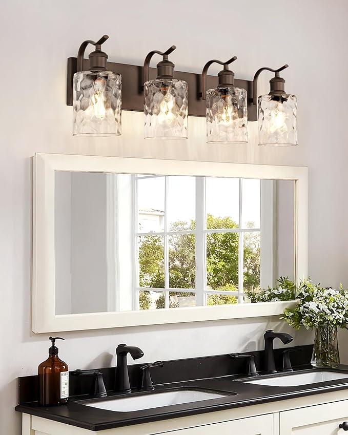 Bathroom Vanity Light Fixtures 4-Light Hammered Glass Modern Wall Mounted Over Mirror Oil Rubbed Bronze - VL01ORBH-4
