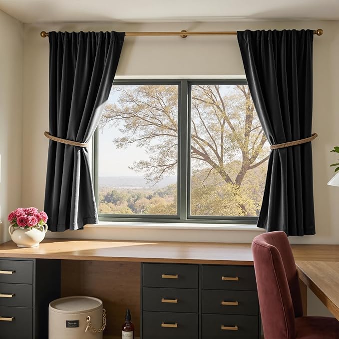 Lazzzy Velvet Blackout Curtains Thermal Insulated Room Window Drapes Super Soft Luxury Curtains for Living Room Bedroom Rod Pocket 2 Panels, Black, 52" W x 63" L