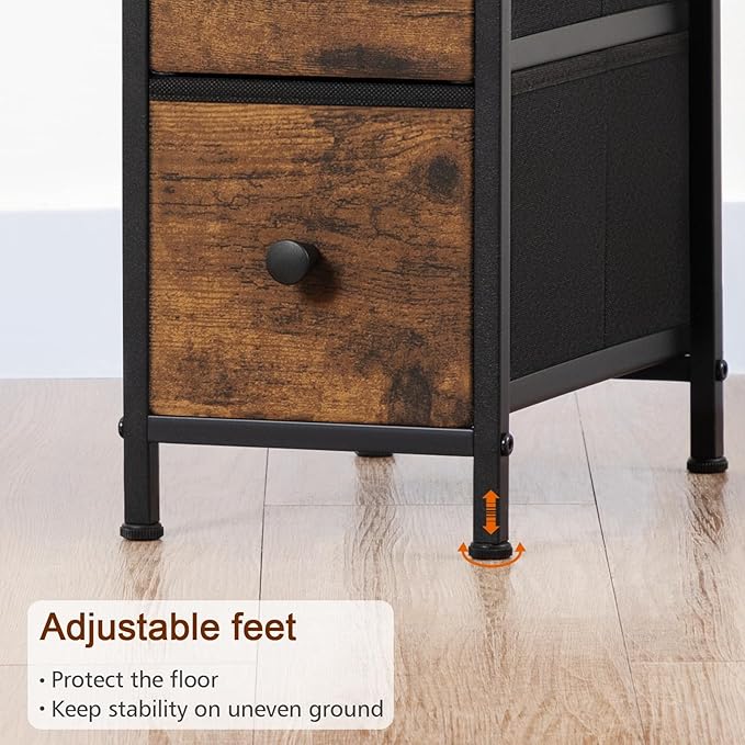 LOAKEKEL Narrow End Table Living Room with Charging Station, Skinny Side Table with Fabric Drawers, Slim Nightstand for Bedroom, Small Spaces, Couch, Brown, HETNDP03BR-1