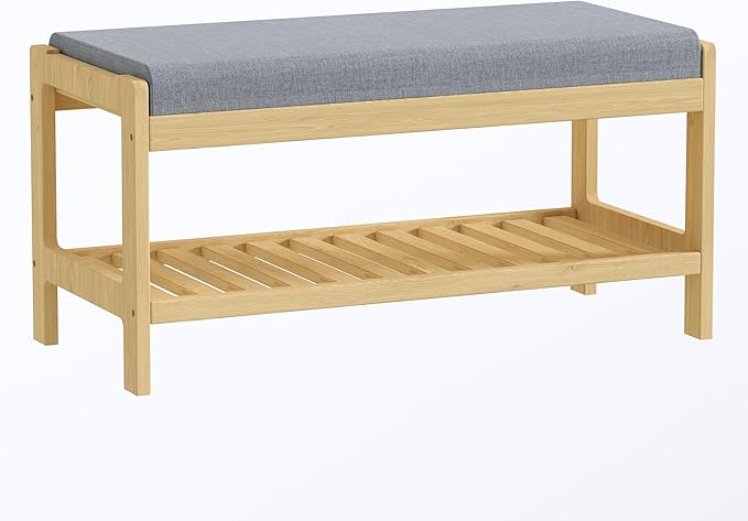 Shoe Bench Entryway, Solid Wood 2-Tier Shoe Rack Bench with Padded Seat, Shoe Organizer for Hallway Living Room, Mudrooms, Natural