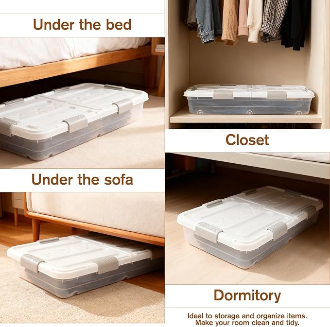 4 PCS*49 Qt Wheeled Latching Under Bed Storage, Double Opening Lids Stackable Bin with Latch Lid, Plastic Container to Organize Shoes Underbed, Clear with White Lid(White)