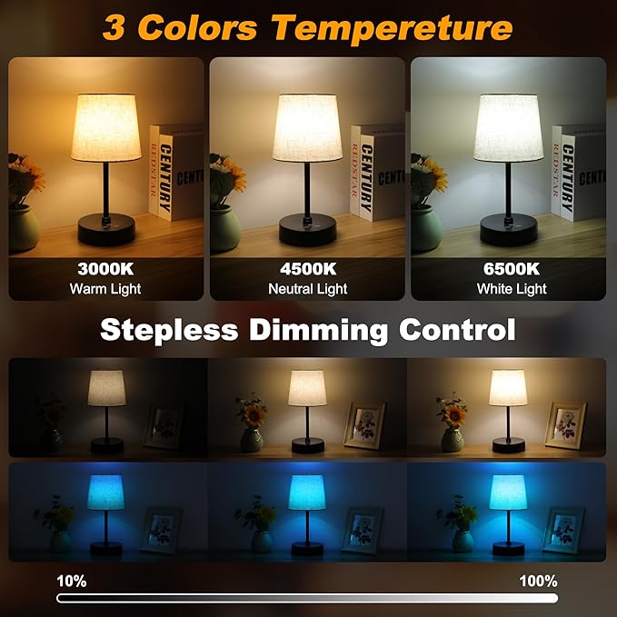 Ascher Small Bedside Table lamp, RGB Color Changing Lamps, 3 Color Temperatures, Dimmable Nightstand Lamp with USB C+A Ports, Touch Desk Lamp for Bedroom Living Room, H11.4in(Flaxen Shade)