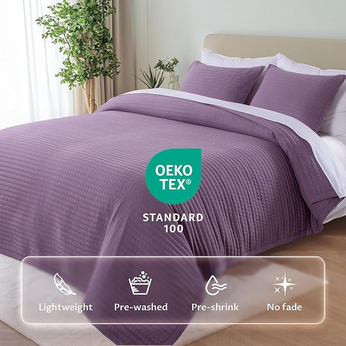 Oversized King Quilt Set 112"x106" – Soft Washed 3-Layer Lightweight California King Bedspread, Minimalist Nordic Design, All-Season Quilt Bedding (1 Quilt + 2 Pillow Shams), Grape Jam Purple