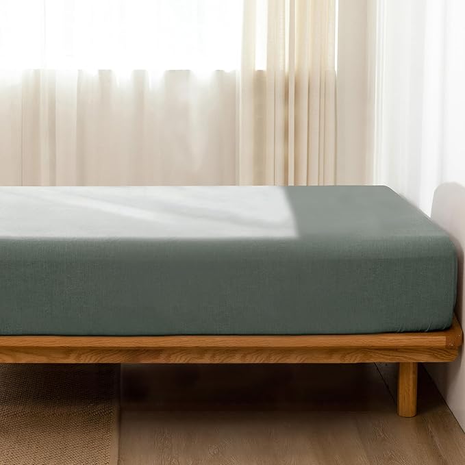 MooMee Fitted Bottom Sheet Only 100% Washed Cotton Linen Like Textured Breathable Durable Soft Comfy Deep Pocket Fits Mattress up to 17" (Heathered Green, King)