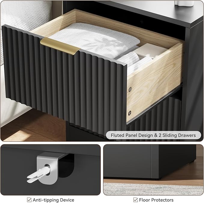 9 Drawer Dresser & Nightstand Set 3-Piece, 63” Wide Fluted Bedroom Dresser Set Night Stand Set of 2 with Metal Handle, Modern Wood Chest of Drawers Storage Dressers Set for Bedroom, Black