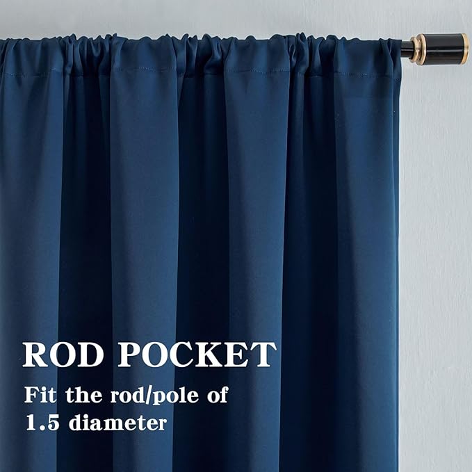 Blackout Curtains for Bedroom 1 Panel, Custom Curtains Thermal Insulated Navy Blue, Rod Pocket Room Darkening Drapes for Living Room Windows Luxury Decor(Custom Size,Navy Blue)