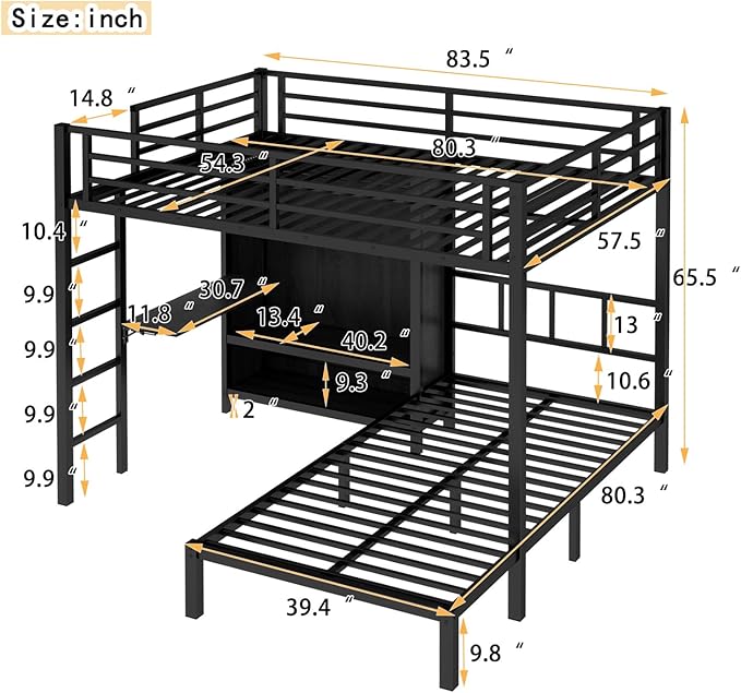 Full XL Over Twin Metal Bunk Bed with Folding Desk, Closet LED,Space-Saving/Noise Reduced, Black Modern Style Multi-Functional Storage Needs Space-Saving Noise Reduced