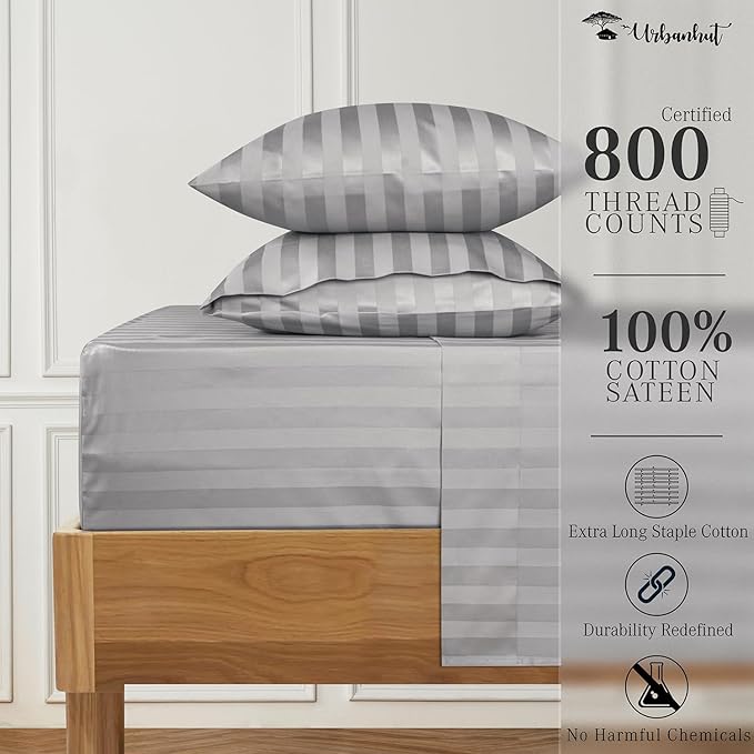URBANHUT 800 Thread Count 100% Cotton Damask California King Size Sheets Set, 4 Piece Striped Cal King Size Bedsheets, Luxury Hotel Sheets Sateen Weave, 16" Elasticized Deep Pocket- Silver Grey