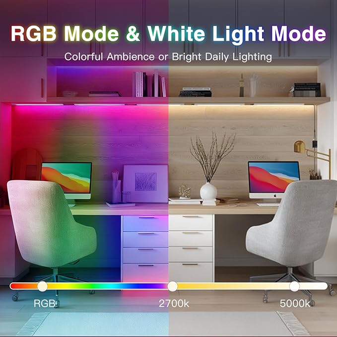 VST RGB Under Cabinet Lighting with Adjustable White Light, 12V Ultra-Thin LED Light Bar, APP & Voice (Alexa/Google), Remote & Button Control, Linkable Strip Lights for Cabinets, Closets, Shelves