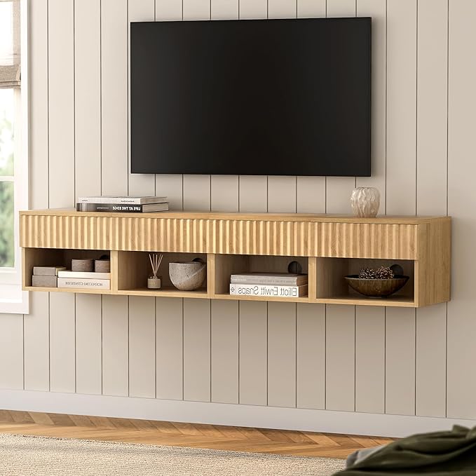 Floating TV Stands Set of 4 with Drawer and Open Shelf, Small Wall Mounted Bedside End Table, Modern Fluted Night Stand for Bedroom, Living Room, Natural Oak