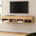 Floating TV Stands Set of 4 with Drawer and Open Shelf, Small Wall Mounted Bedside End Table, Modern Fluted Night Stand for Bedroom, Living Room, Natural Oak