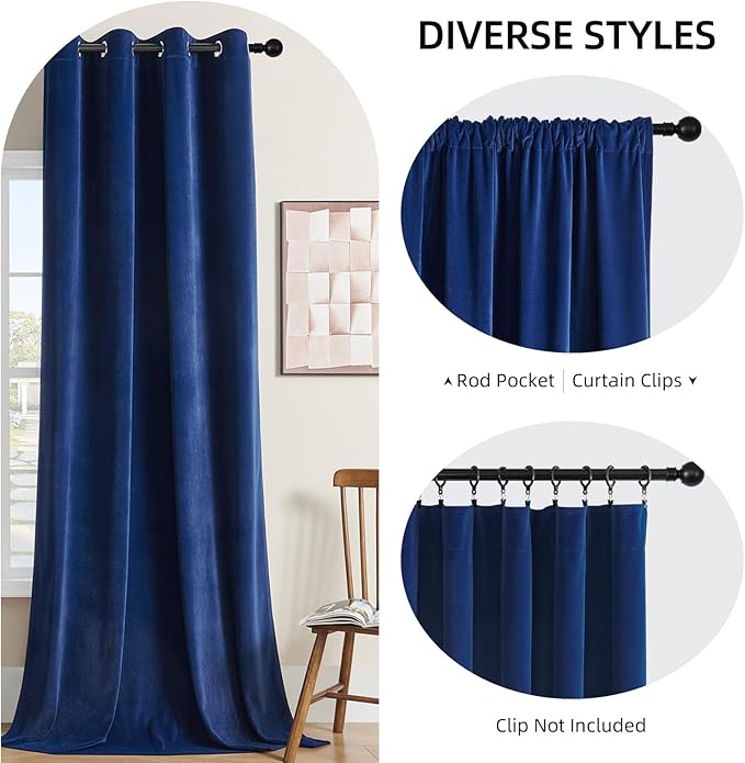 Joydeco Blue Velvet Blackout Curtains 84 Inch - 2 Panels Thermal Insulated Rod Pocket Drapes for Living Room Bedroom Dining Room Privacy
