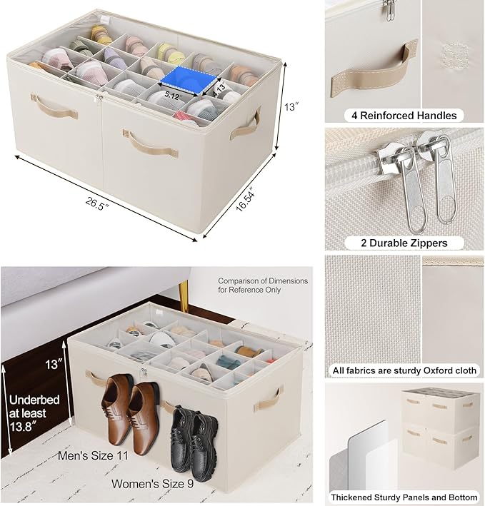 Shoe Organizer for Closet 2 Pack, Foldable Shoe Box with Adjustable Divider and Clear Cover, Space Saving Shoe Storage Organizer Cabinet with Reinforced Handles, Fits 40 Pair, Beige, TP11Y