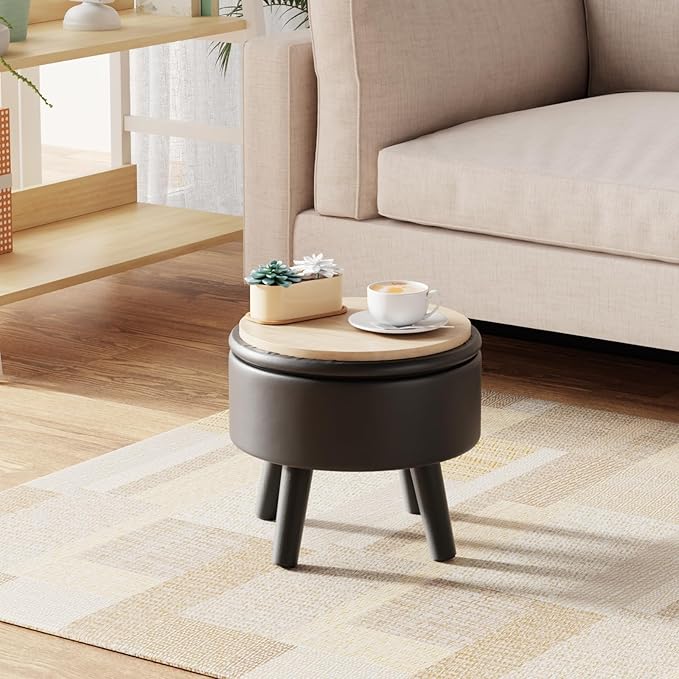 FIMIVIBI Small Foot Stool Ottoman with Storage, Faux Leather Ottoman Foot Rest for Couch, Round Footstool Ottomans for Living Room (Black)