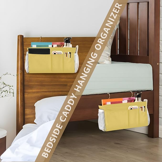 KOPIRIT Lemon Yellow Bedside Caddy Storage Bag Bedside Organizer for Dorm Room Top Bunk Bed Hanging Bag Bedside Shelf 6 Pockets with Hooks for Glasses Book Tablet Holder