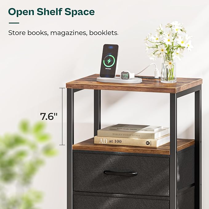 Huuger Nightstands Set of 2, End Tables with Charging Station, Side Tables with Fabric Drawers, Bedside Tables with USB Ports and Outlets, Night Stands for Bedroom, Rustic Brown and Black