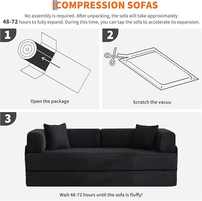 Garvee 5-in-1 Convertible Sofa Bed, 78.8" Modular Corduroy Sleeper with Sturdy Frame & No Assembly, Multi-Functional Futon for Small Space, Living Room & Guest Room (Black)