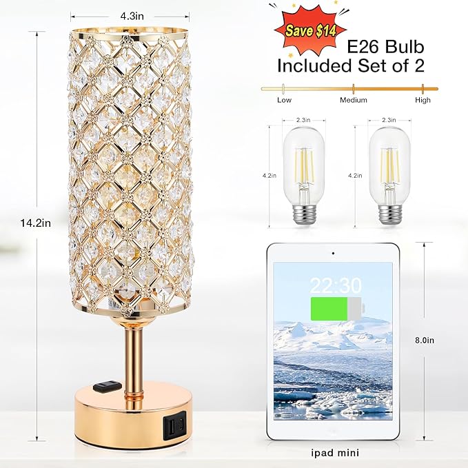 Hong-in Gold Lamps Set of 2, Dimmable Gold Lamps for Nightstand with USB-C+A & AC Charging Ports, 3-Way USB Crystal Lamp, Bedside Desk Light for Bedroom Living Room Home Office(Bulb Included)