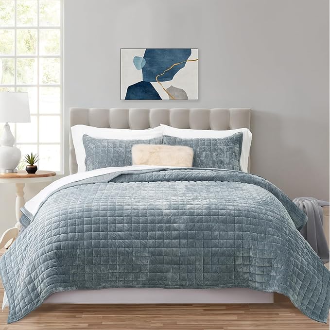 RECYCO Luxury Velvet Quilt Set Twin/Twin XL Size Bedding Sets, Ultra Soft Velvet Comforter Set, Lightweight Channel Box Stitch Oversized Bedspread Coverlet for All Season, with 1 Sham, Blue Linen