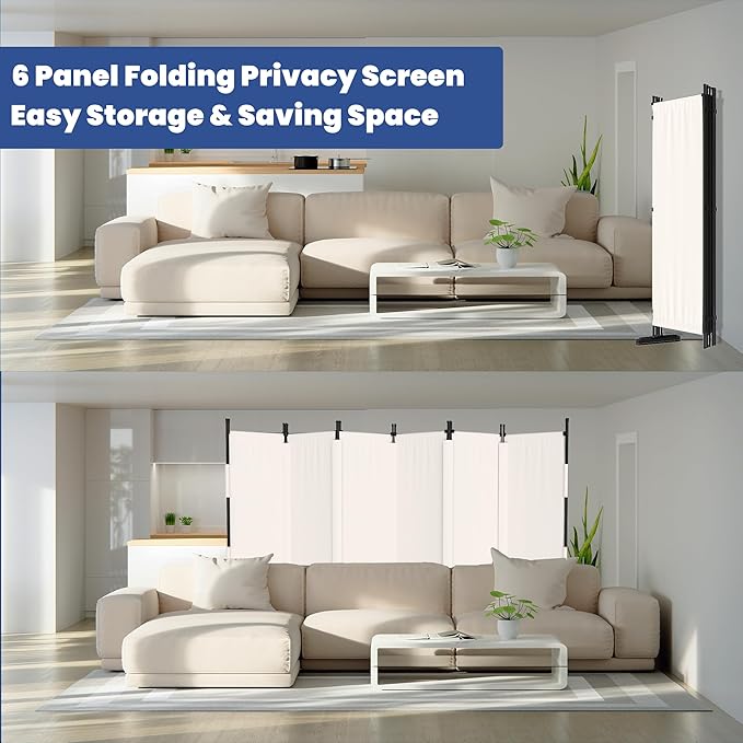 Room Divider, 6 Panel Upgraded Folding Privacy Screen, 132” Highly Secretive Separation with 4 Metal Feet, Partition Screen, Lightweight Freestanding Wall Divider Bedroom (White)