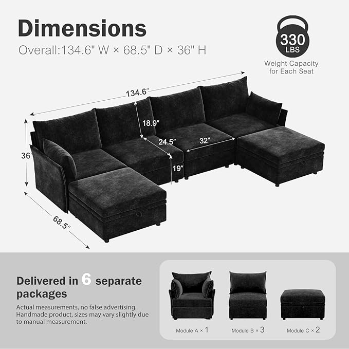 ABCASA 134.6" Oversized Modular Sectional Sofa, 6 Seater U Shaped Couch with Storage Ottoman with Reversible Chaise Deep Seat for Living Room, Apartment - Chenille Black