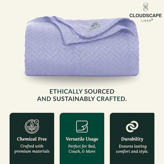 Cloud Scape Linen 100% Cotton Blanket 92x92 Lavender Blue - Cozy Herringbone Weave, Fits Up to for Full Size Beds, Breathable Softness, All-Season Warmth, Winter Blanket, for Women