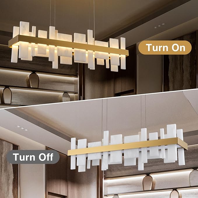 Alabaster Rectangle Chandelier, Natural Spanish Stone Texture Chandeliers, 46.8" Adjustable Alabaster Chandelier Over Table for Dining Room, Bedroom, Island– Modern Luxury Ceiling Lighting